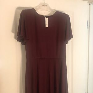 LOFT Burgundy Flutter Sleeve Dress, Size 6
